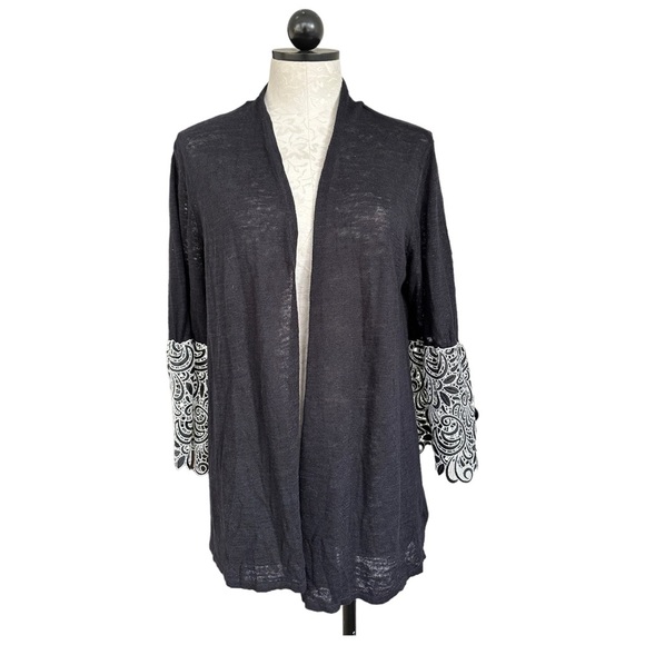 Alfani Open Front Linen Cardigan Black Sweater White Lace Bell Cuffs Size Large - Picture 15 of 16